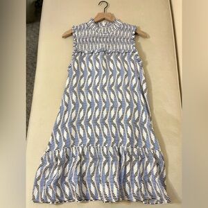 THML Dress - Women’s Medium Blue Black - Smocked Sleeveless Ruffle Mini Shift